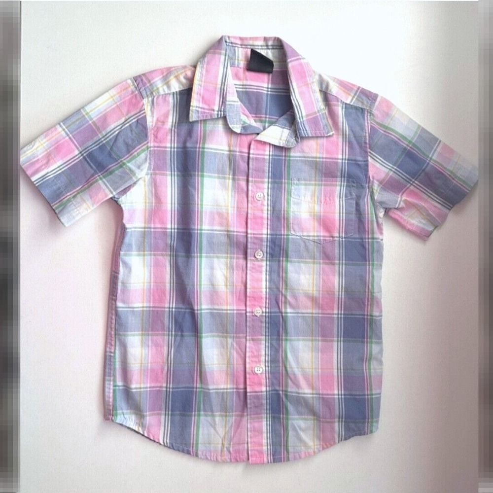 Wrangler Boys Pink Blue‎ Plaid Short Sleeve Button Up Shirt Size S 6/7